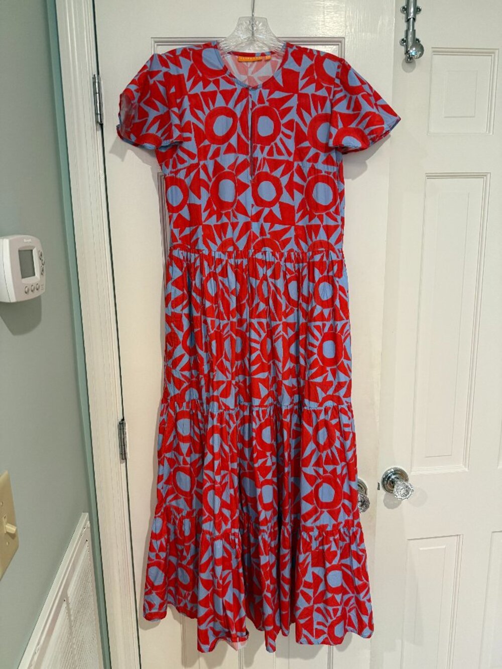 Oliphant Red and Blue Printed V-Neck Maxi Dress With Pockets size XS